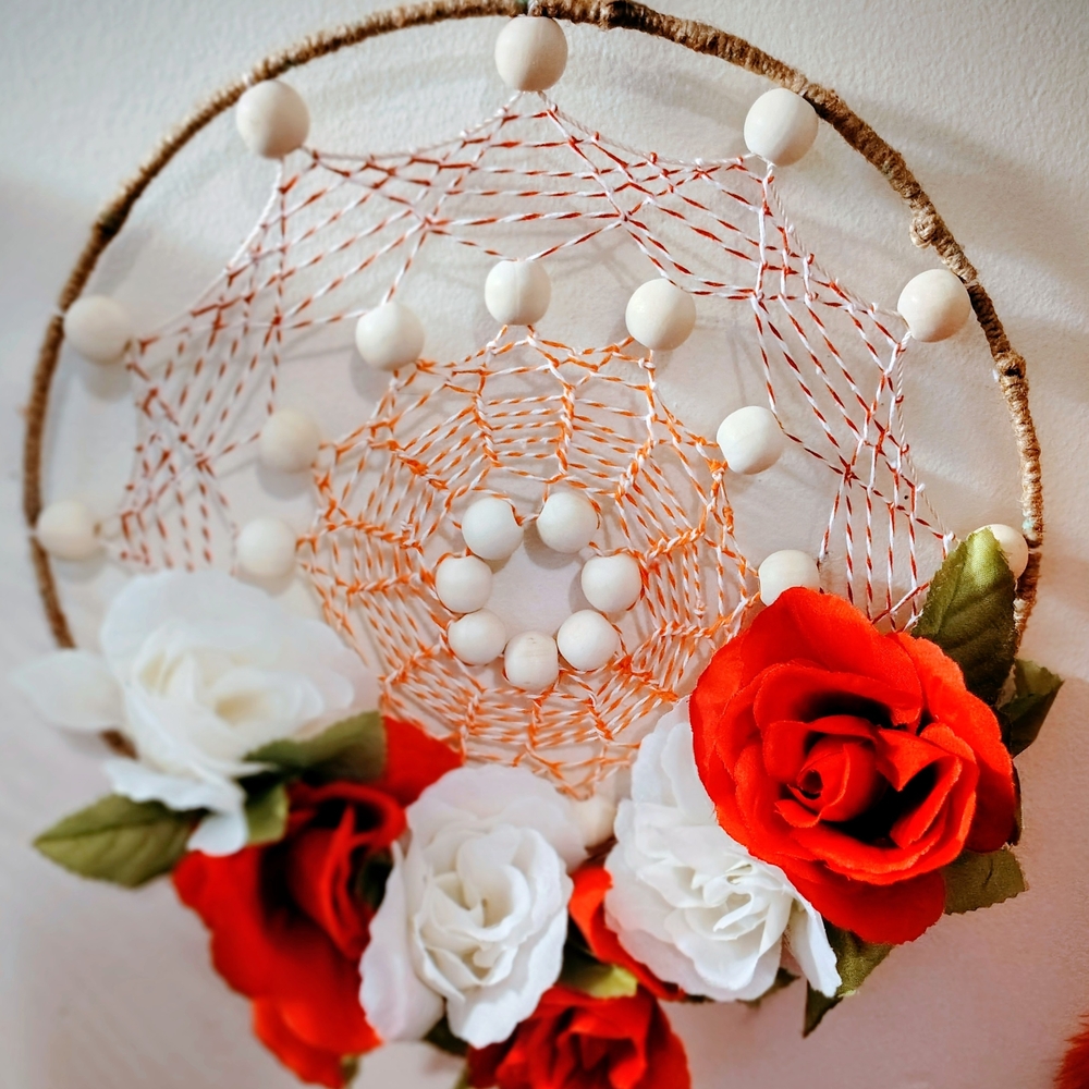 Boho Red and White Floral Dreamcatcher Tapestry